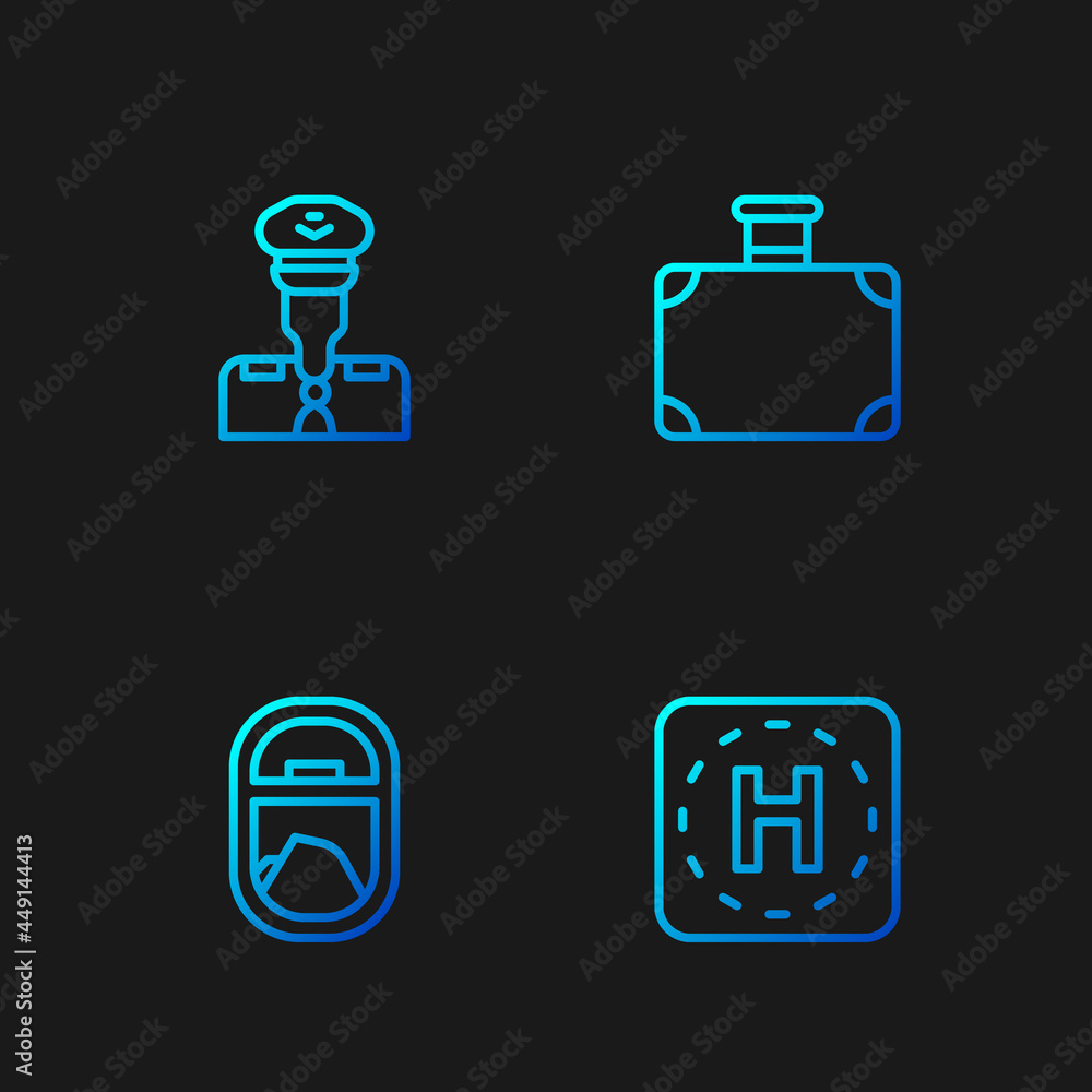 Set line Helicopter landing pad, Airplane window, Pilot and Suitcase. Gradient color icons. Vector Set line Helicopter landing pad, Airplane window, Pilot and Suitcase. Gradient color icons. Vector