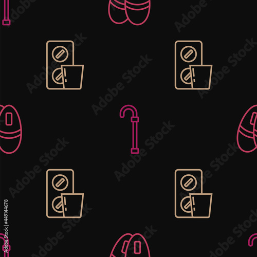 Set line Slippers, Pills in blister pack and Walking stick cane on seamless pattern. Vector