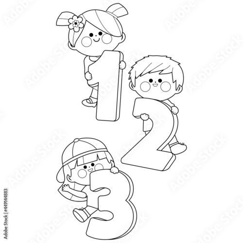 Children students with numbers. Vector black and white coloring page