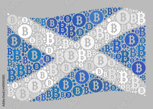 Mosaic bitcoin waving Scotland flag designed with bitcoin icons. Vector collage waving Scotland flag organized for p2p posters. Scotland flag collage is designed with randomized BTC parts.