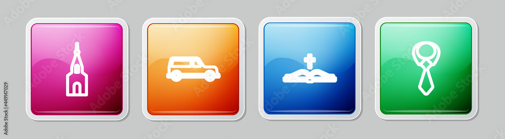 Set line Church building, Hearse car, Holy bible book and Tie. Colorful square button. Vector