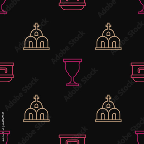 Set line Coffin with cross, Church building and Christian chalice on seamless pattern. Vector