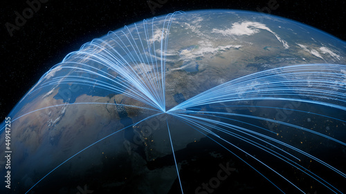 Earth in Space. Blue Lines connect Riyadh Saudi, Arabia with Cities across the World. International Travel or Networking Concept.