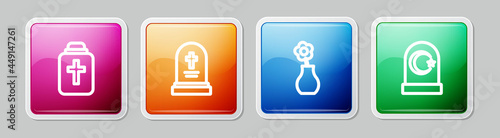 Set line Funeral urn, Grave with tombstone, Flower in vase and Muslim cemetery. Colorful square button. Vector