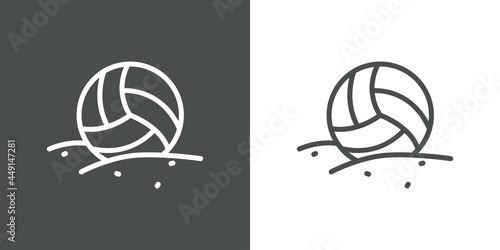 Icono plano pelota de voleibol en la arena de playa con lineas en fondo gris y fondo blanco