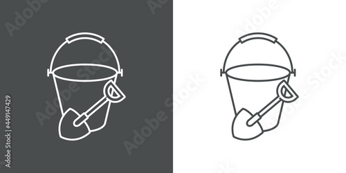 Icono plano cubo de arena con pala con lineas en fondo gris y fondo blanco