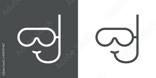 Deportes acuáticos. Icono plano gafas de buceo con snorkel con lineas en fondo gris y fondo blanco