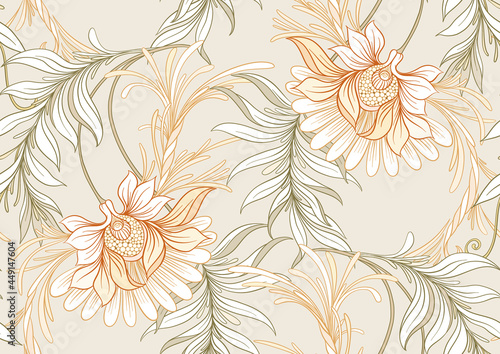 Seamless pattern, background with decorative flowers in art nouveau style, vintage, old, retro style. Vector illustration.