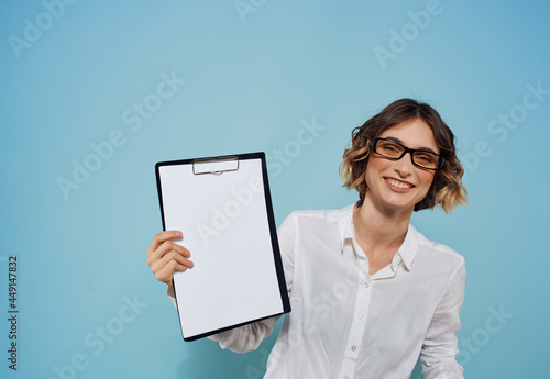 pretty Business woman in white shirt business card Copy Space
