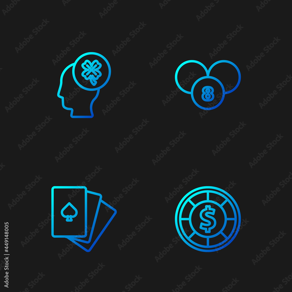 Obraz premium Set line Casino chips, Deck of playing cards, slot machine with clover and Lottery ball on bingo. Gradient color icons. Vector