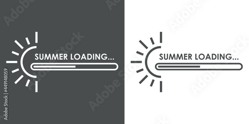 Logotipo con texto Summer Loading con sol y barra de progreso con lineas en fondo gris y fondo blanco