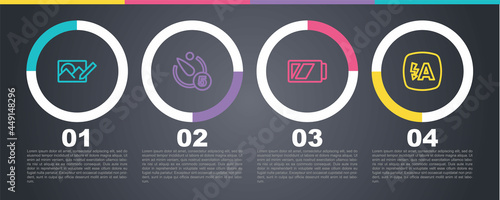 Set line Photo retouching, Camera timer, Battery for camera and Auto flash. Business infographic template. Vector
