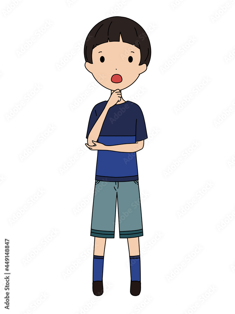考え事をしている男の子の全身イラスト 考え事をしている男の子の全身イラスト