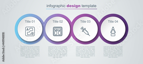 Set line Route location, Bathroom scales, Syringe and Drawing compass. Business infographic template. Vector