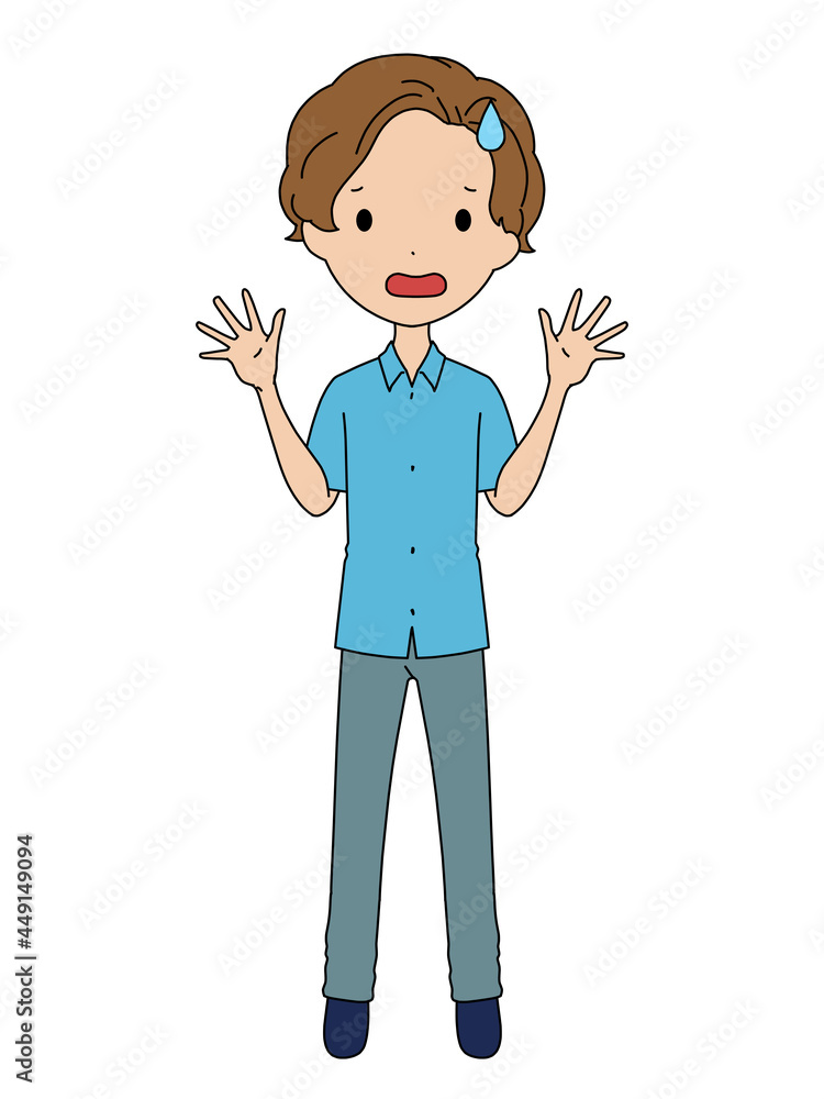困惑したような表情の男の子の全身イラスト