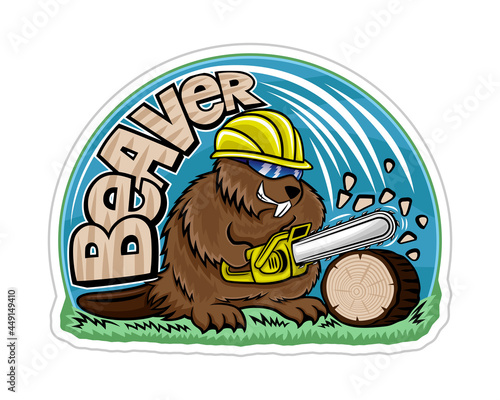 Beaver icon with chainsaw on white background.