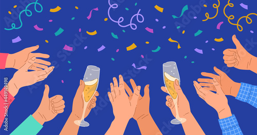 Clapping human hands with champagne glasses on dark confetti background. Business team celebrates New Year, birthday, anniversary or business success. Group of people celebrating event. Cartoon banner