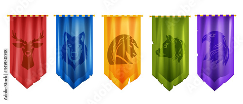 Medieval flag game vector icon set, battle royal pennant kit, knight old banner, wolf, deer, horse. UI victory badge, animal head, heraldic sign, eagle, boar. War house standard, game flag logo