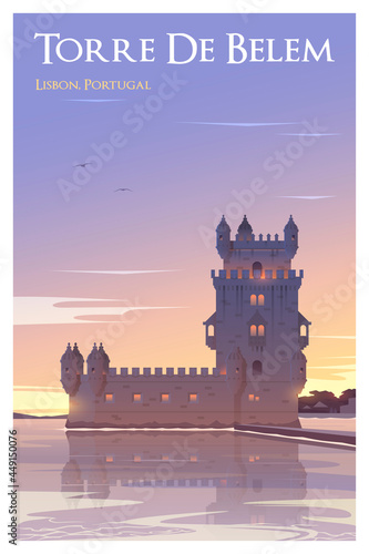 Beautiful view in sunset in Portugal with historical buildings, Belem Tower. Time to travel. Around the world. Quality vector poster. photo