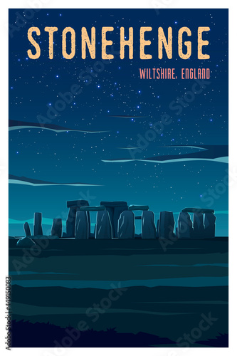Beautiful night view in England with historical buildings, Stonehenge. Time to travel. Around the world. Quality vector poster.