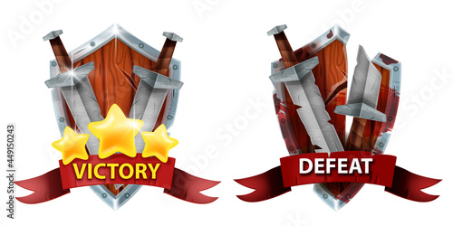 Game badge rank icon, vector defeat victory UI design element, winner achievement award, level medal. Medieval RPG result sign, lose emblem, wooden shield, ribbon, sword, star. Rating game badge prize