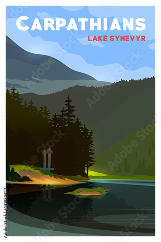 Synevir Lake. Carpathians Vector travel poster. photo