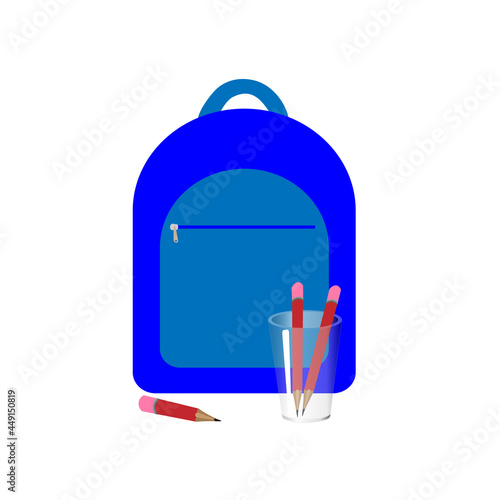 Blue school bag with school supplies isolated on  white background. Vector illustration.