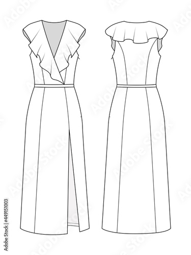 Fashion technical drawing of high slit dress
