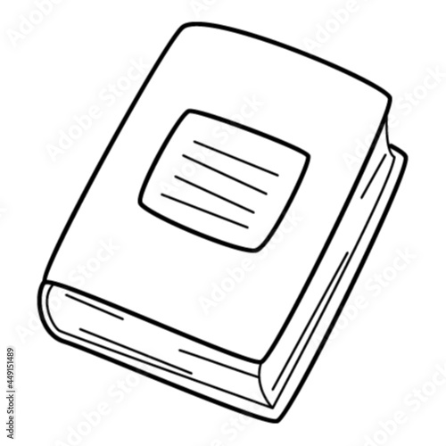 A closed hardcover book. Doodle. Symbol of study, learning, education, school. Hand-drawn black and white vector illustration. Design elements are isolated on a white background