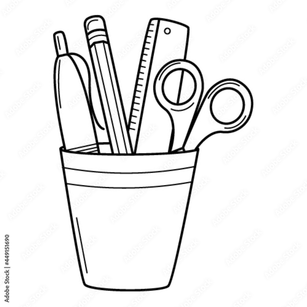 Pencil holder with a ruler, scissors, pen, pencil. Doodle style. Hand-drawn black and white vector illustration. The design elements are isolated on a white background. Pencil holder with a ruler, scissors, pen, pencil. Doodle style. Hand-drawn black and white vector illustration. The design elements are isolated on a white background.