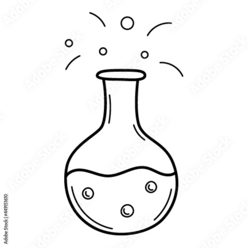 A round test tube with a liquid. Chemical equipment. Doodle outline style. Hand-drawn black and white vector illustration. The design elements are isolated on a white background.