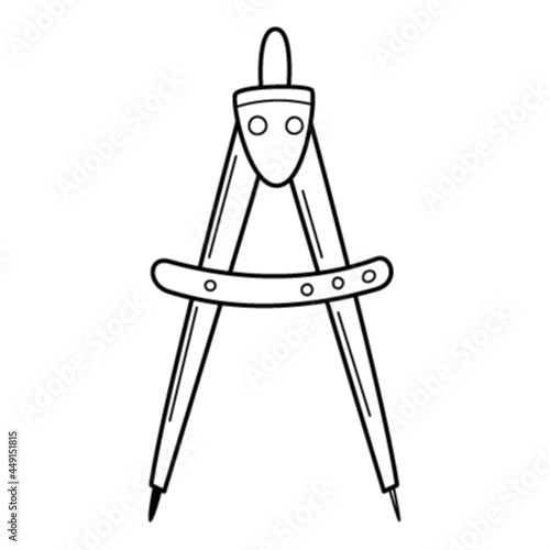 A compass for drawing circles. School item. Doodle. Hand-drawn black and white vector illustration. The design elements are isolated on a white background.