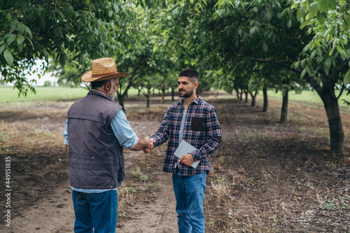ranchers handshake in walnut orchard v
