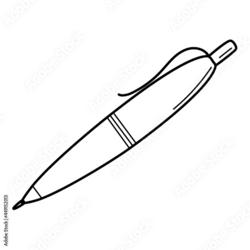 A ballpoint pen. Doodle. Stationery, office supplies. Hand-drawn black and white vector illustration. The design elements are isolated on a white background.