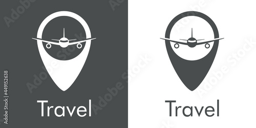 Logotipo con texto Travel y silueta de avión en marcador de posición en fondo gris y fondo blanco