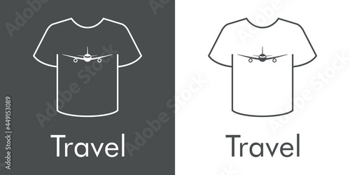 Logotipo con texto Travel y silueta de avión en camiseta en fondo gris y fondo blanco