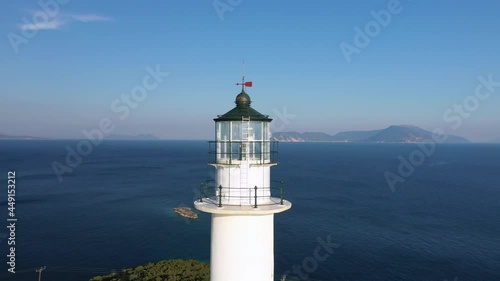 Close up aerial view of lighthouse top at the Cape of Ducato, Lefkada island, Greece. photo