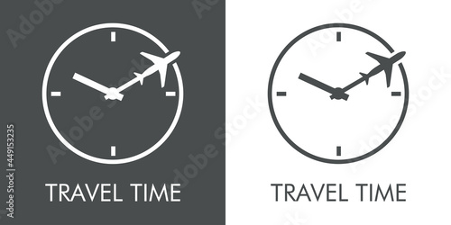 Logotipo con texto Travel Time y silueta de avión con trayectoria con forma de manecilla de reloj en fondo gris y fondo blanco