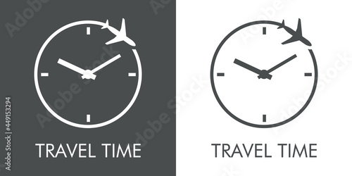 Logotipo con texto Travel Time y silueta de avión con trayectoria con forma de esfera de reloj en fondo gris y fondo blanco