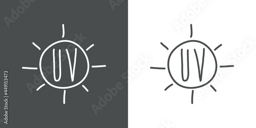 Concepto vacaciones de verano. Crema solar. Logotipo con texto UV manuscrito en sol con lineas en fondo gris y fondo blanco