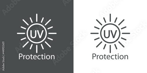 Concepto vacaciones de verano. Crema solar. Logotipo con texto UV Protection en sol con lineas en fondo gris y fondo blanco