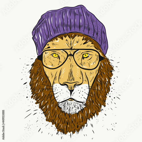 a lion in a hat, a rapper with a serious face, a cartoon lion