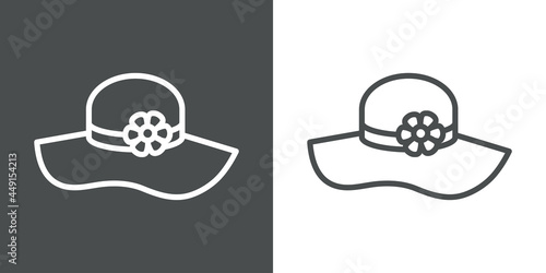 Icono plano sombrero de verano de mujer con flor con lineas en fondo gris y fondo blanco
