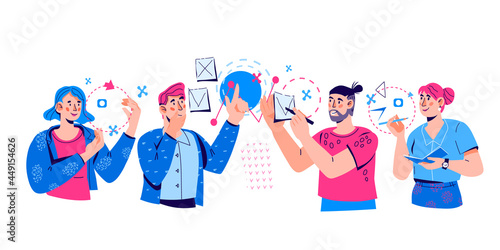 Business, people or office workers studying infographic, analysis and strategy development, flat vector illustration isolated on white. Marketing and business analysis, content management.