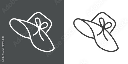 Icono plano sombrero de verano de mujer con nudo en cinta con lineas en fondo gris y fondo blanco