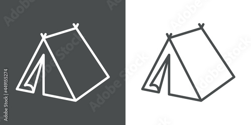 Camping club. Icono plano tienda de acampada en perspectiva con lineas en fondo gris	y fondo blanco