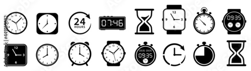 Time and clock icons set. Timer, Alarm and Stopwatch collection. Time management and deadline alarm icons.