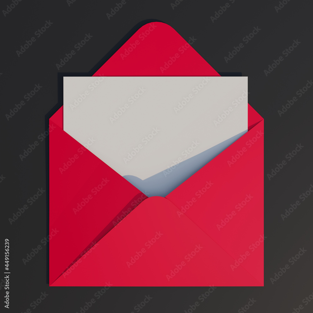 Open red envelope with white paper sheet inside it. Isolated in black background. 3D rendering illustration. Open red envelope with white paper sheet inside it. Isolated in black background. 3D rendering illustration.