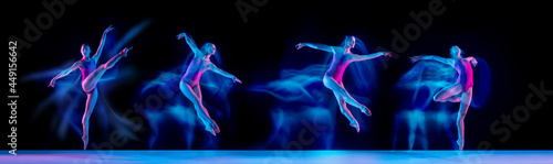 Development of movements of one beautiful ballerina dancing isolated on dark background in mixed neon light. Concept of art, theater, beauty and creativity