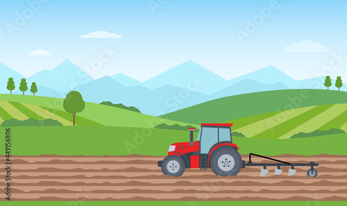 Tractor plowing the field on rural landscape background. Agriculture concept. Vector illustration.